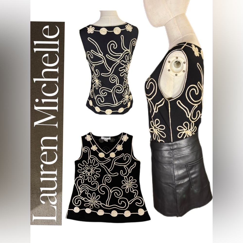 Lauren Michelle Y2K Black & Gold Embroidered Blouse | Boho Statement Top M EUC